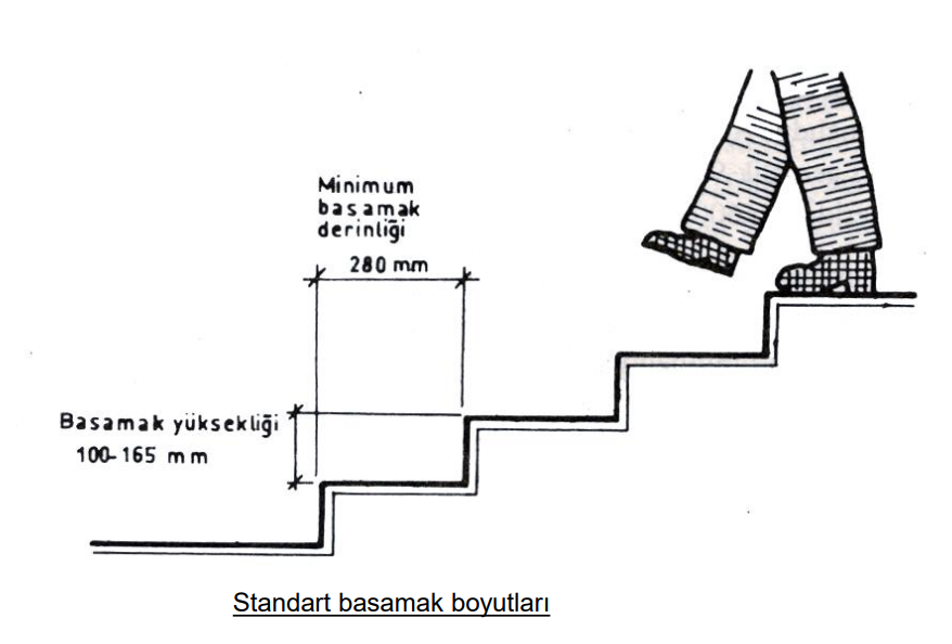 Standart merdiven genişliği eğitimde 28 cm olarak belirtilmiştir.